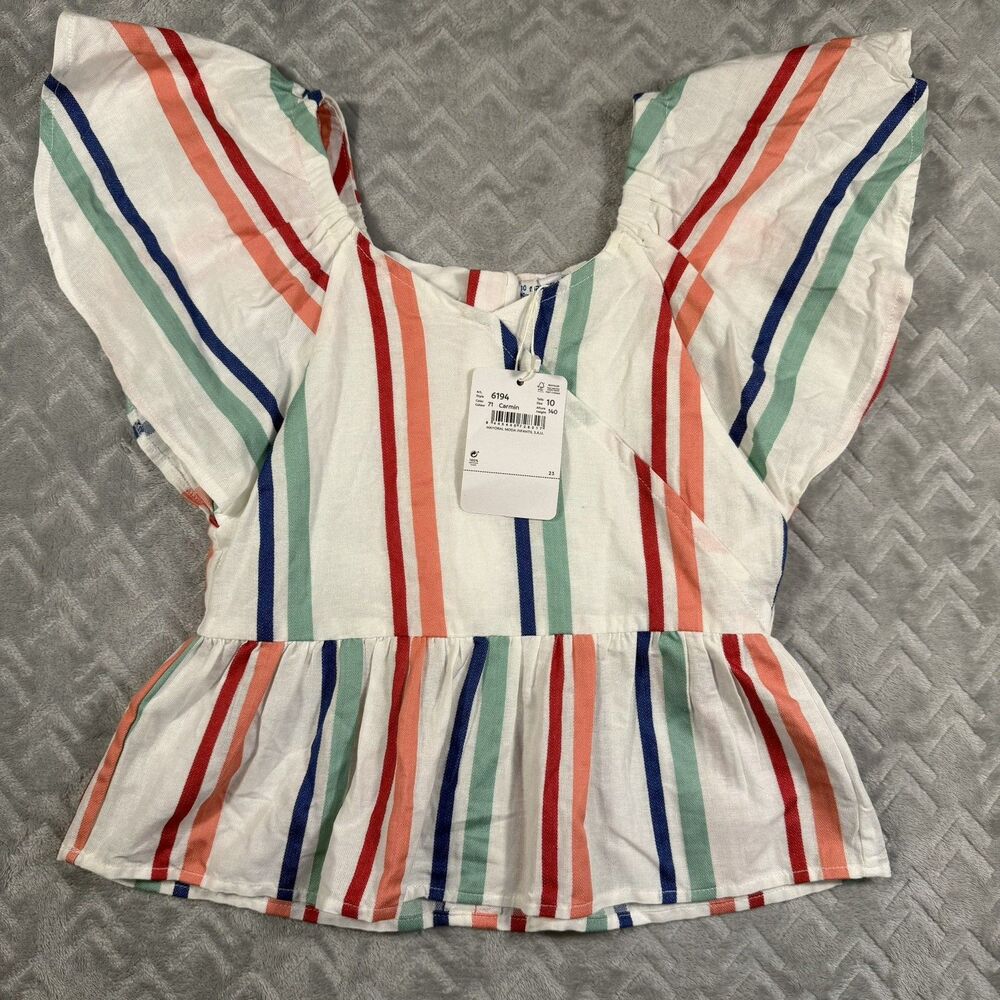 Mayoral Girls Striped Ruffle Sleeve Blouse Sz 10 140cm White Blue Pink Green NWT